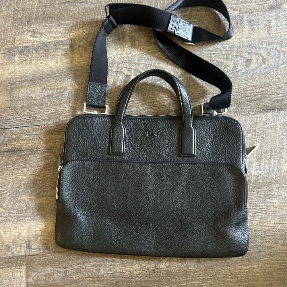 Boss Black Pebbled Leather Laptop Briefcase with Webbing Shoulder Strap